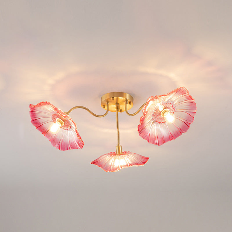 Moderne Minimaliste Branche Fleur Cadre en Cuivre Abat-jour en Verre 3/5/6 Lumière Plafonnier Semi-Encastré Pour Salon 