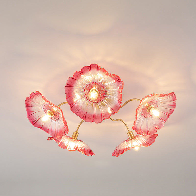 Moderne Minimaliste Branche Fleur Cadre en Cuivre Abat-jour en Verre 3/5/6 Lumière Plafonnier Semi-Encastré Pour Salon 