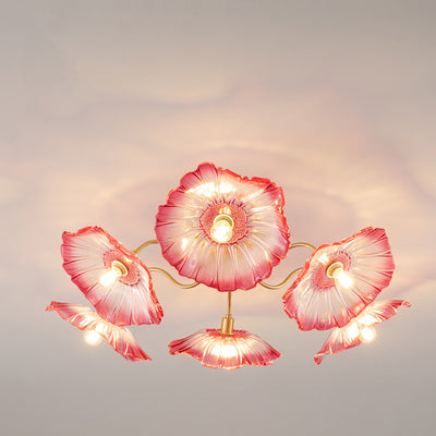 Moderne Minimaliste Branche Fleur Cadre en Cuivre Abat-jour en Verre 3/5/6 Lumière Plafonnier Semi-Encastré Pour Salon 