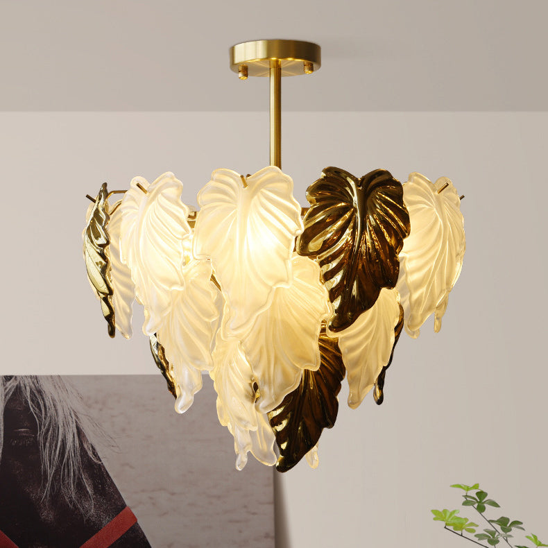 Traditioneller französischer runder Kronleuchter in Blattform mit Glasschirm aus Eisen, 3/6/9/12 Lichter für Wohnzimmer 