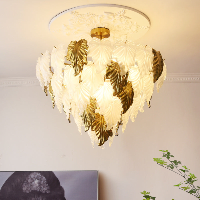 Traditioneller französischer runder Kronleuchter in Blattform mit Glasschirm aus Eisen, 3/6/9/12 Lichter für Wohnzimmer 