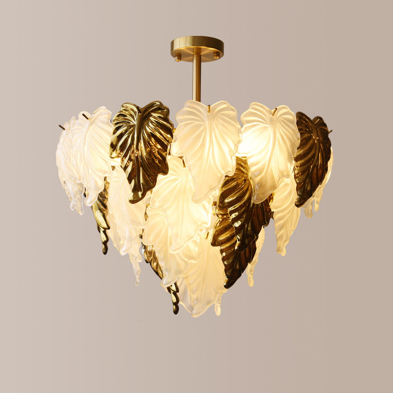 Traditioneller französischer runder Kronleuchter in Blattform mit Glasschirm aus Eisen, 3/6/9/12 Lichter für Wohnzimmer 