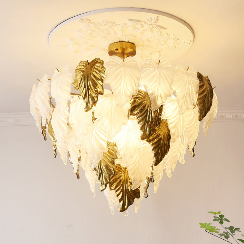 Traditioneller französischer runder Kronleuchter in Blattform mit Glasschirm aus Eisen, 3/6/9/12 Lichter für Wohnzimmer 