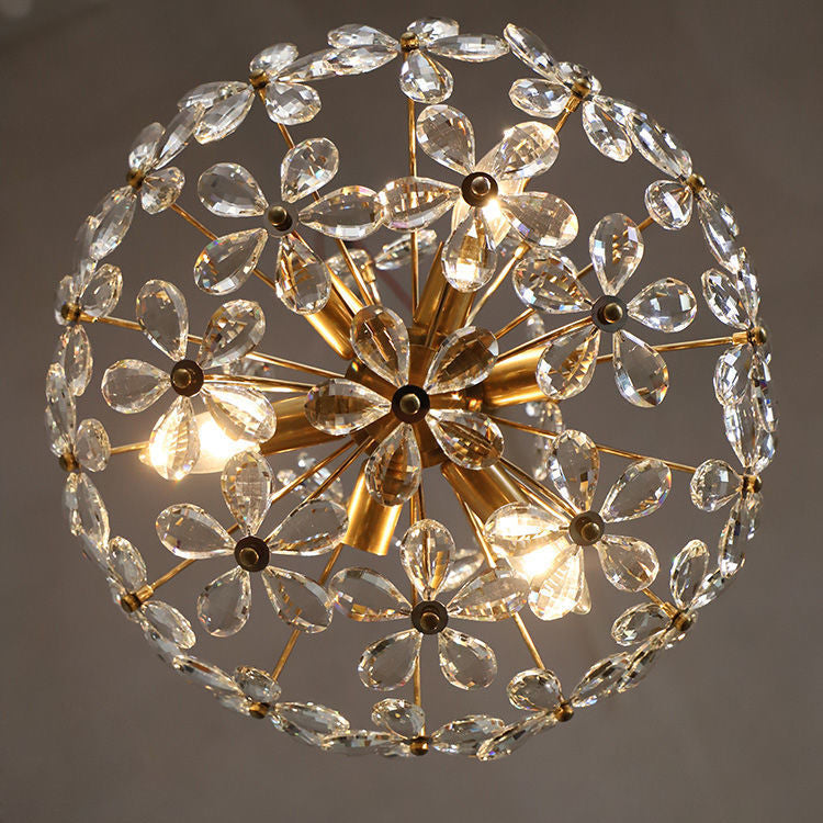 Tradicional lámpara de araña de cobre con flores de cristal redondas francesas de 6/8 luces para sala de estar 