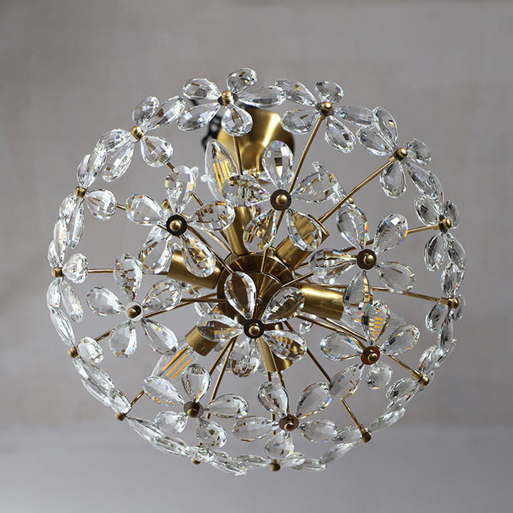 Lustre traditionnel français en cuivre avec fleurs en cristal rond, 6/8 lumières pour le salon 