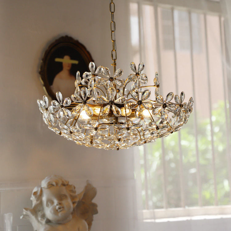 Tradicional lámpara de araña de cobre con flores de cristal redondas francesas de 6/8 luces para sala de estar 
