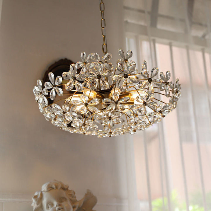 Lustre traditionnel français en cuivre avec fleurs en cristal rond, 6/8 lumières pour le salon 
