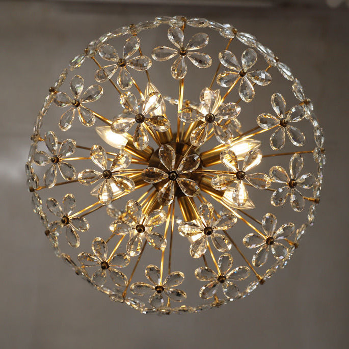 Lustre traditionnel français en cuivre avec fleurs en cristal rond, 6/8 lumières pour le salon 
