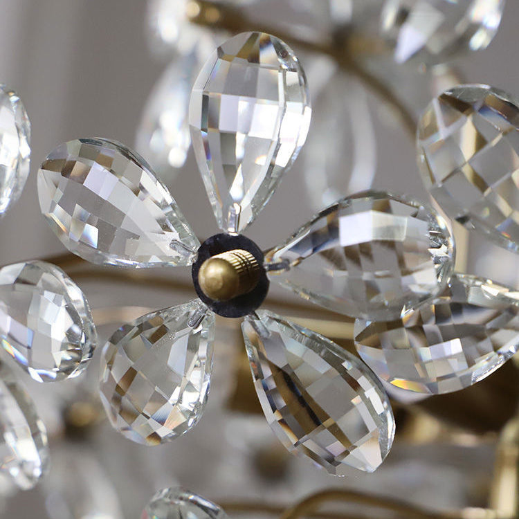 Lustre traditionnel français en cuivre avec fleurs en cristal rond, 6/8 lumières pour le salon 