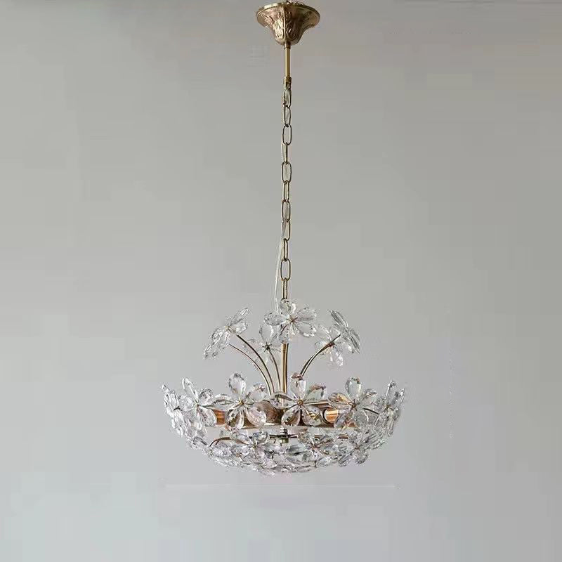 Lustre traditionnel français en cuivre avec fleurs en cristal rond, 6/8 lumières pour le salon 
