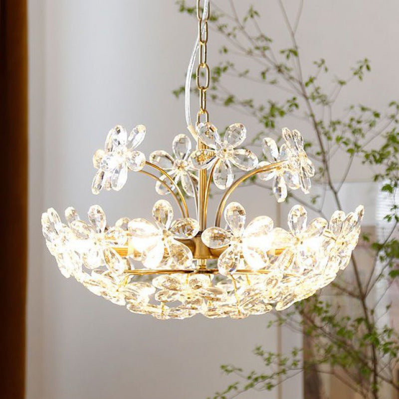 Lustre traditionnel français en cuivre avec fleurs en cristal rond, 6/8 lumières pour le salon 