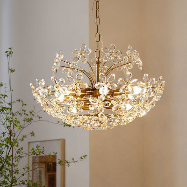 Lustre traditionnel français en cuivre avec fleurs en cristal rond, 6/8 lumières pour le salon 