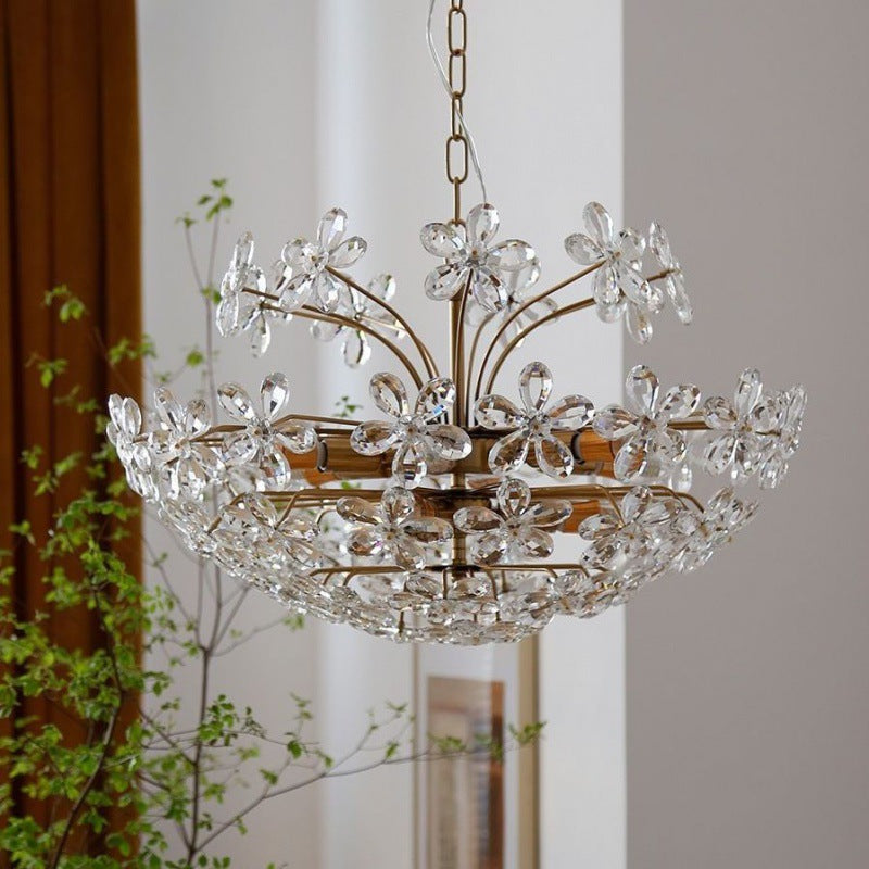 Tradicional lámpara de araña de cobre con flores de cristal redondas francesas de 6/8 luces para sala de estar 
