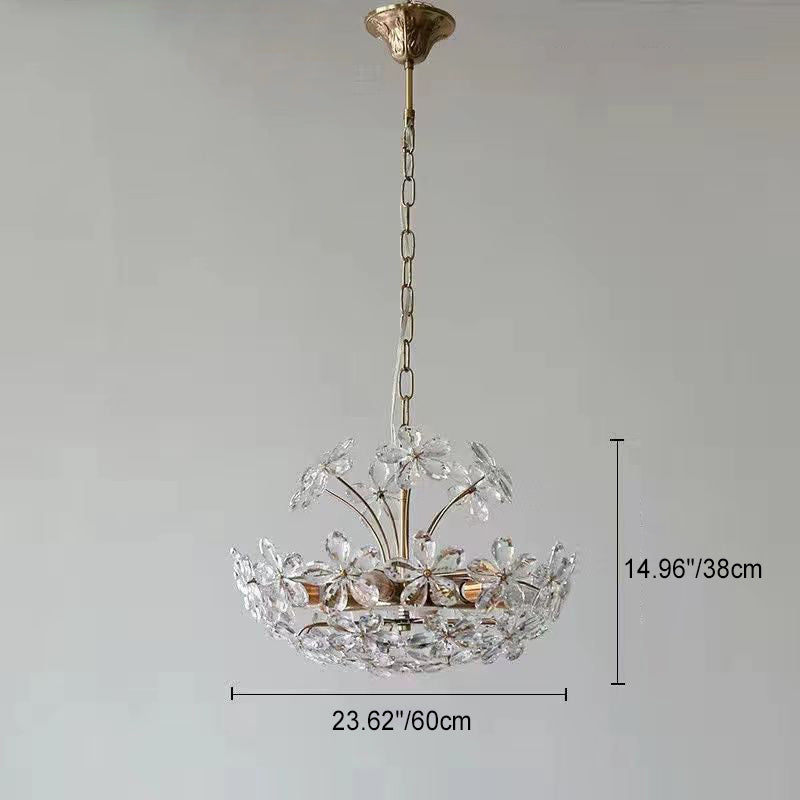 Lustre traditionnel français en cuivre avec fleurs en cristal rond, 6/8 lumières pour le salon 