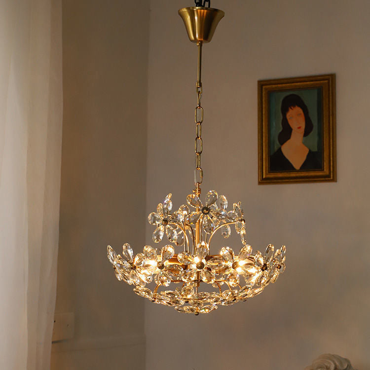Lustre traditionnel français en cuivre avec fleurs en cristal rond, 6/8 lumières pour le salon 
