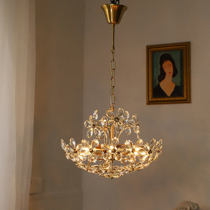 Lustre traditionnel français en cuivre avec fleurs en cristal rond, 6/8 lumières pour le salon 