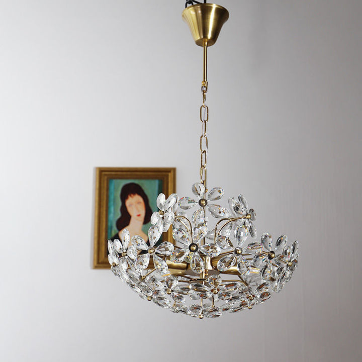 Lustre traditionnel français en cuivre avec fleurs en cristal rond, 6/8 lumières pour le salon 