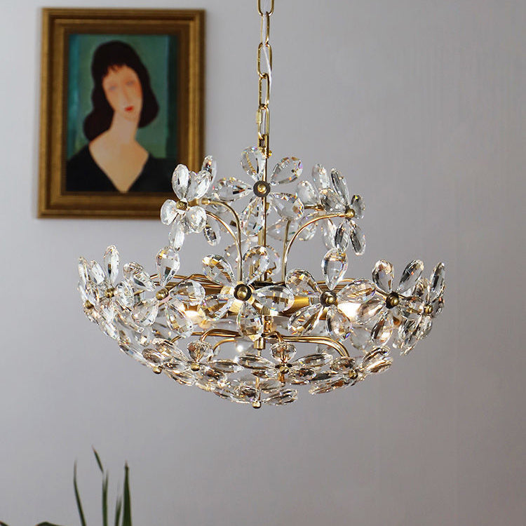 Lustre traditionnel français en cuivre avec fleurs en cristal rond, 6/8 lumières pour le salon 