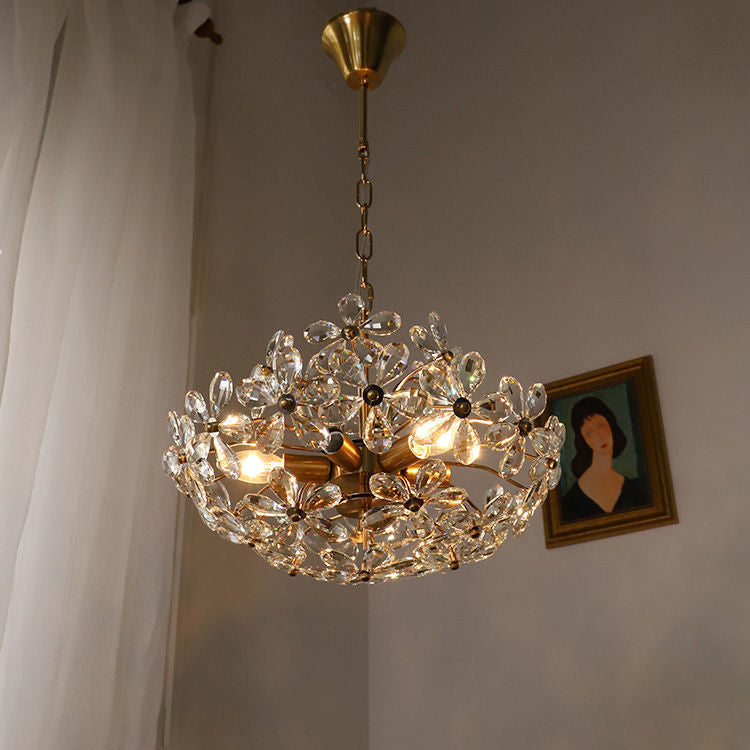 Tradicional lámpara de araña de cobre con flores de cristal redondas francesas de 6/8 luces para sala de estar 