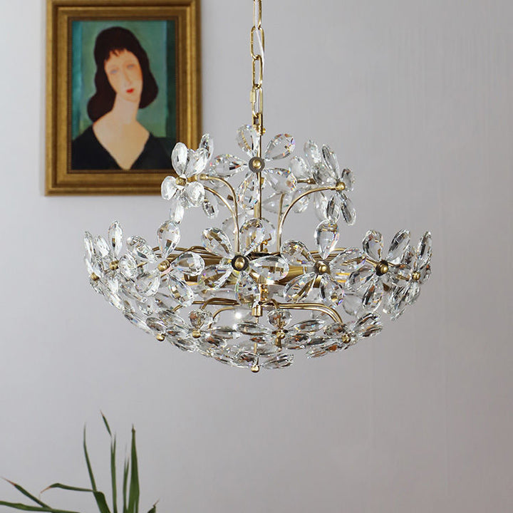 Lustre traditionnel français en cuivre avec fleurs en cristal rond, 6/8 lumières pour le salon 