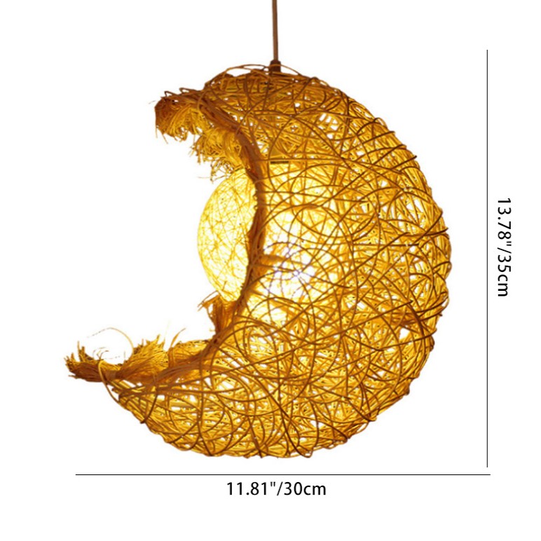 Suspension lumineuse contemporaine créative en rotin, orbe de lune, corde de ficelle 1-lumière pour salon 