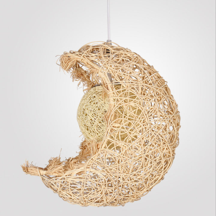 Suspension lumineuse contemporaine créative en rotin, orbe de lune, corde de ficelle 1-lumière pour salon 