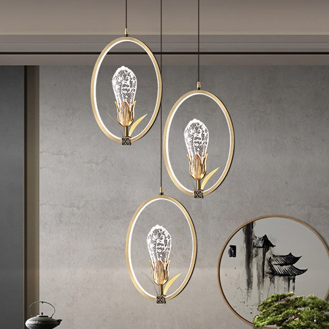 Traditionelle chinesische Kreis unregelmäßige Kristall Pod Kupfer Silikon Kristall Glas LED Pendelleuchte für Wohnzimmer 