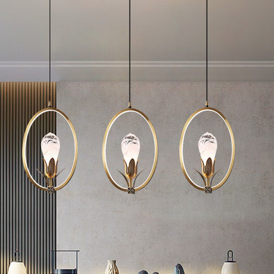 Traditionelle chinesische Kreis unregelmäßige Kristall Pod Kupfer Silikon Kristall Glas LED Pendelleuchte für Wohnzimmer 