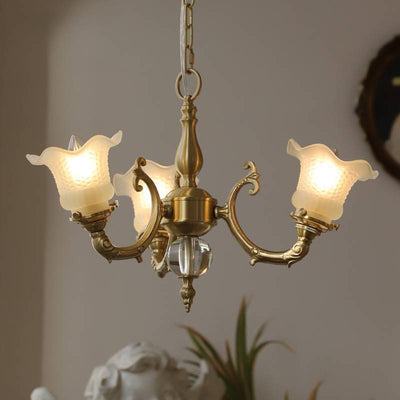 Lustre traditionnel français à tige courbée en laiton avec fleurs en verre 3/5 lumières pour salon 
