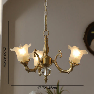 Lustre traditionnel français à tige courbée en laiton avec fleurs en verre 3/5 lumières pour salon 
