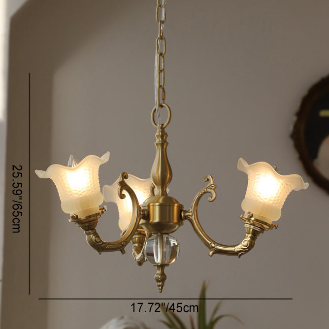 Lustre traditionnel français à tige courbée en laiton avec fleurs en verre 3/5 lumières pour salon 