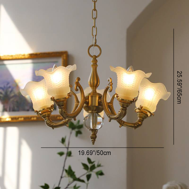 Lustre traditionnel français à tige courbée en laiton avec fleurs en verre 3/5 lumières pour salon 