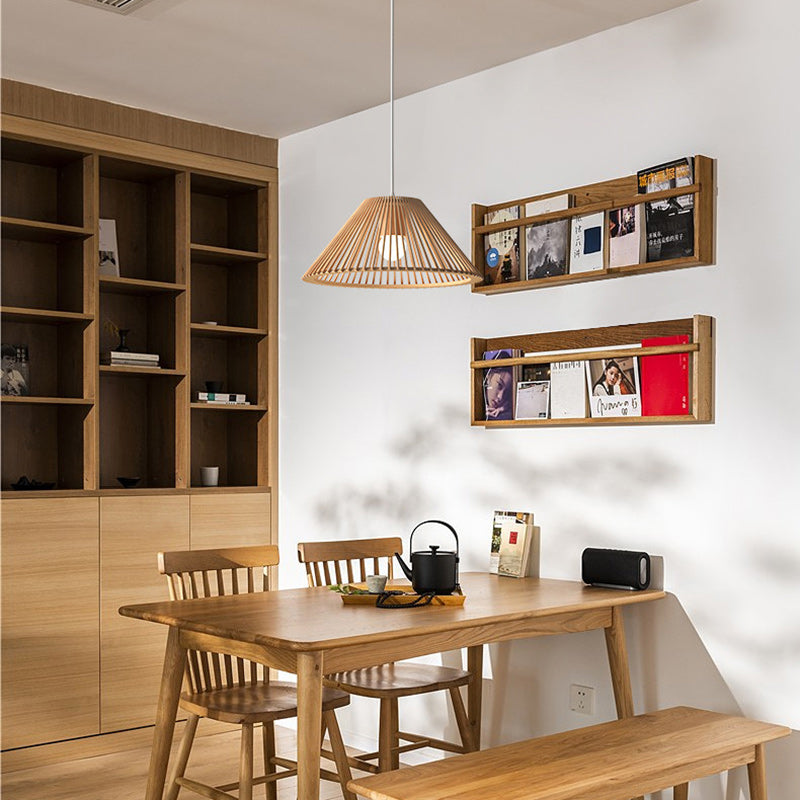 Lámpara colgante de 1 luz de madera trapezoidal redonda tradicional japonesa con huecos para sala de estar 