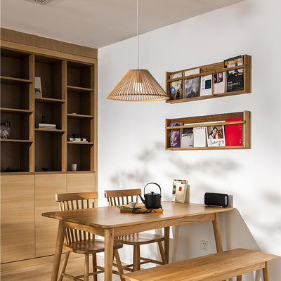 Traditionelle japanische runde trapezförmige ausgehöhlte Holz-Pendelleuchte mit 1 Licht für Wohnzimmer 