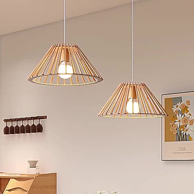 Lámpara colgante de 1 luz de madera trapezoidal redonda tradicional japonesa con huecos para sala de estar 