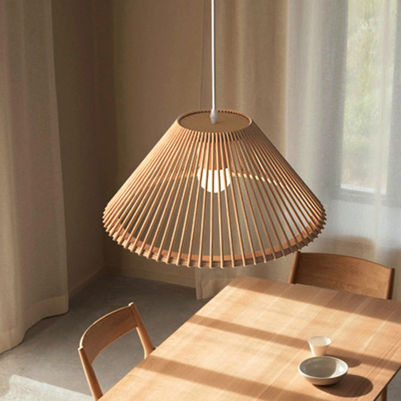 Lámpara colgante de 1 luz de madera trapezoidal redonda tradicional japonesa con huecos para sala de estar 