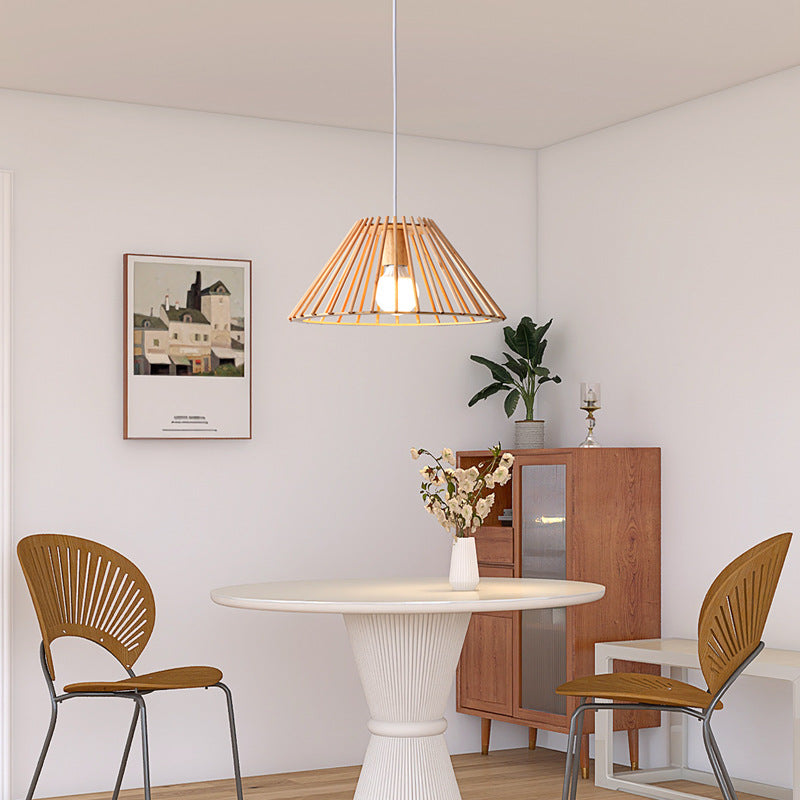 Lámpara colgante de 1 luz de madera trapezoidal redonda tradicional japonesa con huecos para sala de estar 