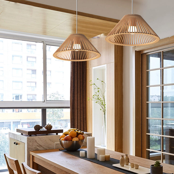 Lámpara colgante de 1 luz de madera trapezoidal redonda tradicional japonesa con huecos para sala de estar 