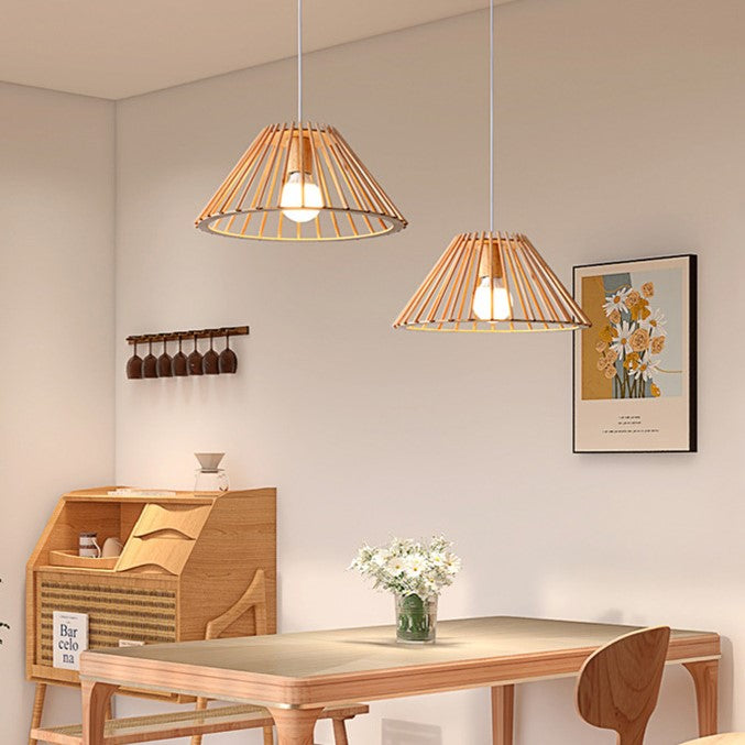 Lámpara colgante de 1 luz de madera trapezoidal redonda tradicional japonesa con huecos para sala de estar 