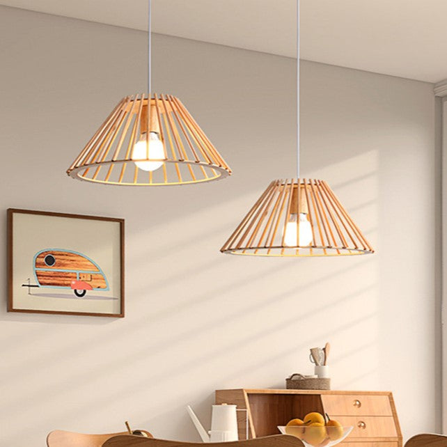 Suspension lumineuse à 1 ampoule en bois évidé trapézoïdal rond traditionnel japonais pour salon 