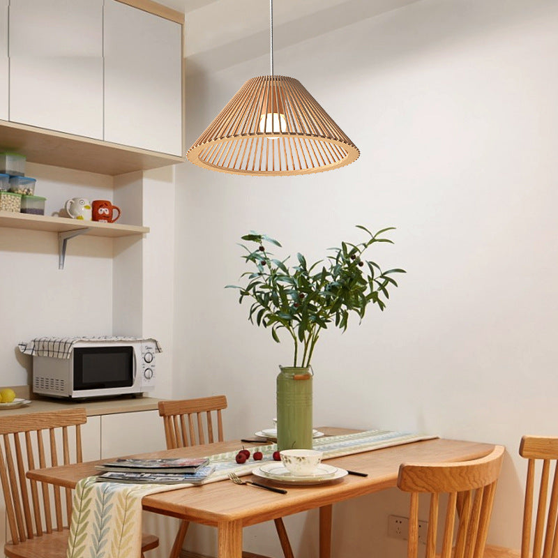 Lámpara colgante de 1 luz de madera trapezoidal redonda tradicional japonesa con huecos para sala de estar 