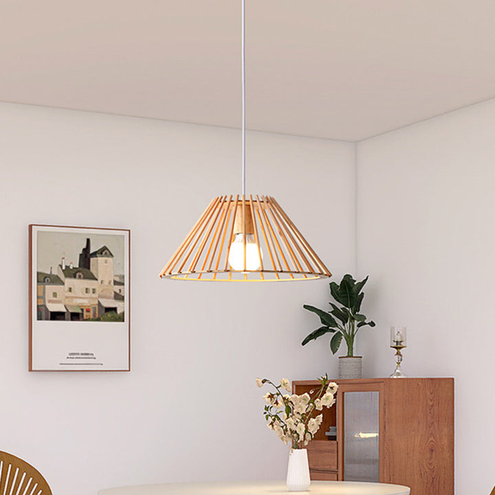 Suspension lumineuse à 1 ampoule en bois évidé trapézoïdal rond traditionnel japonais pour salon 