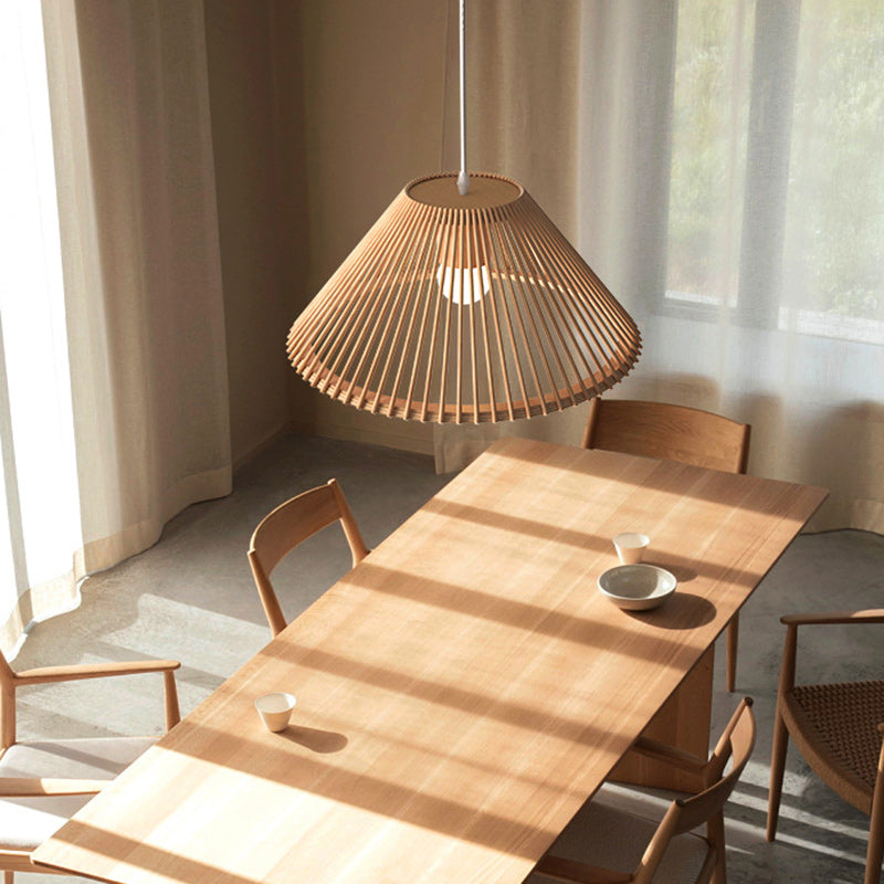 Lámpara colgante de 1 luz de madera trapezoidal redonda tradicional japonesa con huecos para sala de estar 