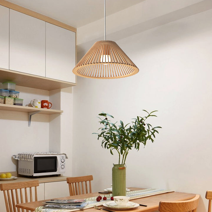 Lámpara colgante de 1 luz de madera trapezoidal redonda tradicional japonesa con huecos para sala de estar 