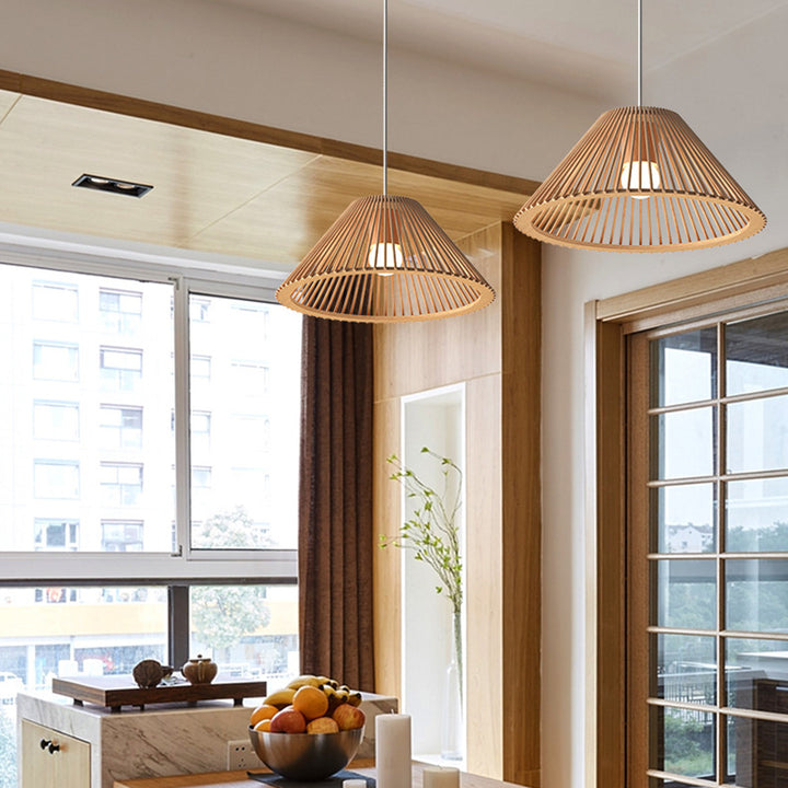 Lámpara colgante de 1 luz de madera trapezoidal redonda tradicional japonesa con huecos para sala de estar 