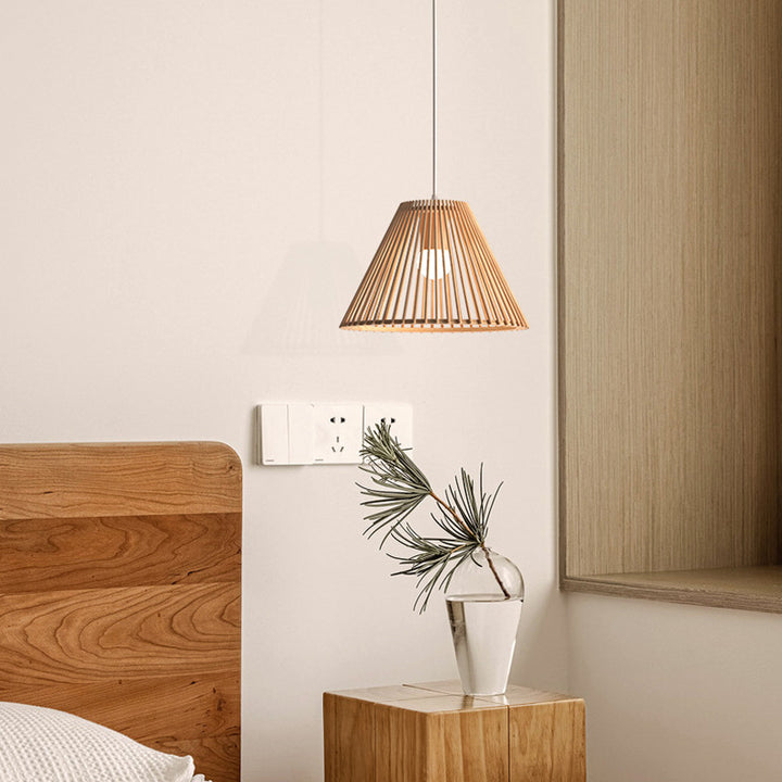 Lámpara colgante de 1 luz de madera trapezoidal redonda tradicional japonesa con huecos para sala de estar 