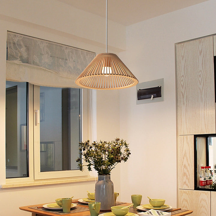 Lámpara colgante de 1 luz de madera trapezoidal redonda tradicional japonesa con huecos para sala de estar 