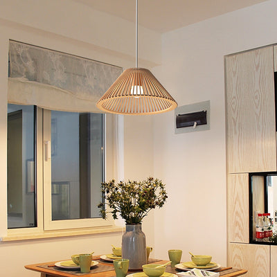 Traditionelle japanische runde trapezförmige ausgehöhlte Holz-Pendelleuchte mit 1 Licht für Wohnzimmer 