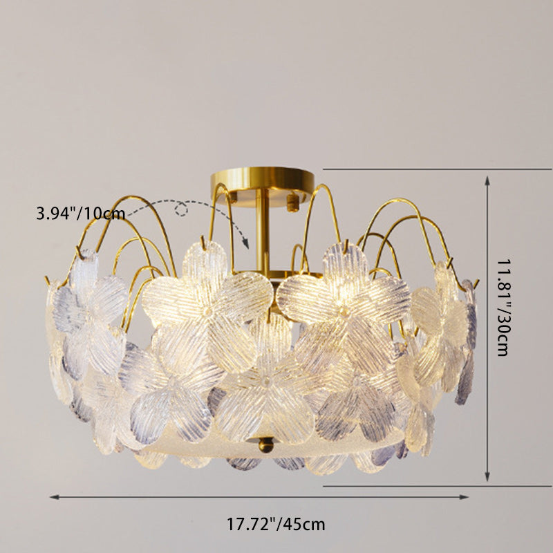 Plafonnier semi-encastré contemporain en fer et verre rond avec fleurs créatives 5/6 lumières pour salon 