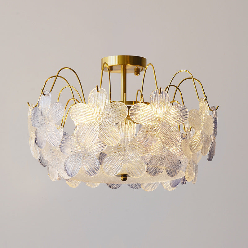 Plafonnier semi-encastré contemporain en fer et verre rond avec fleurs créatives 5/6 lumières pour salon 